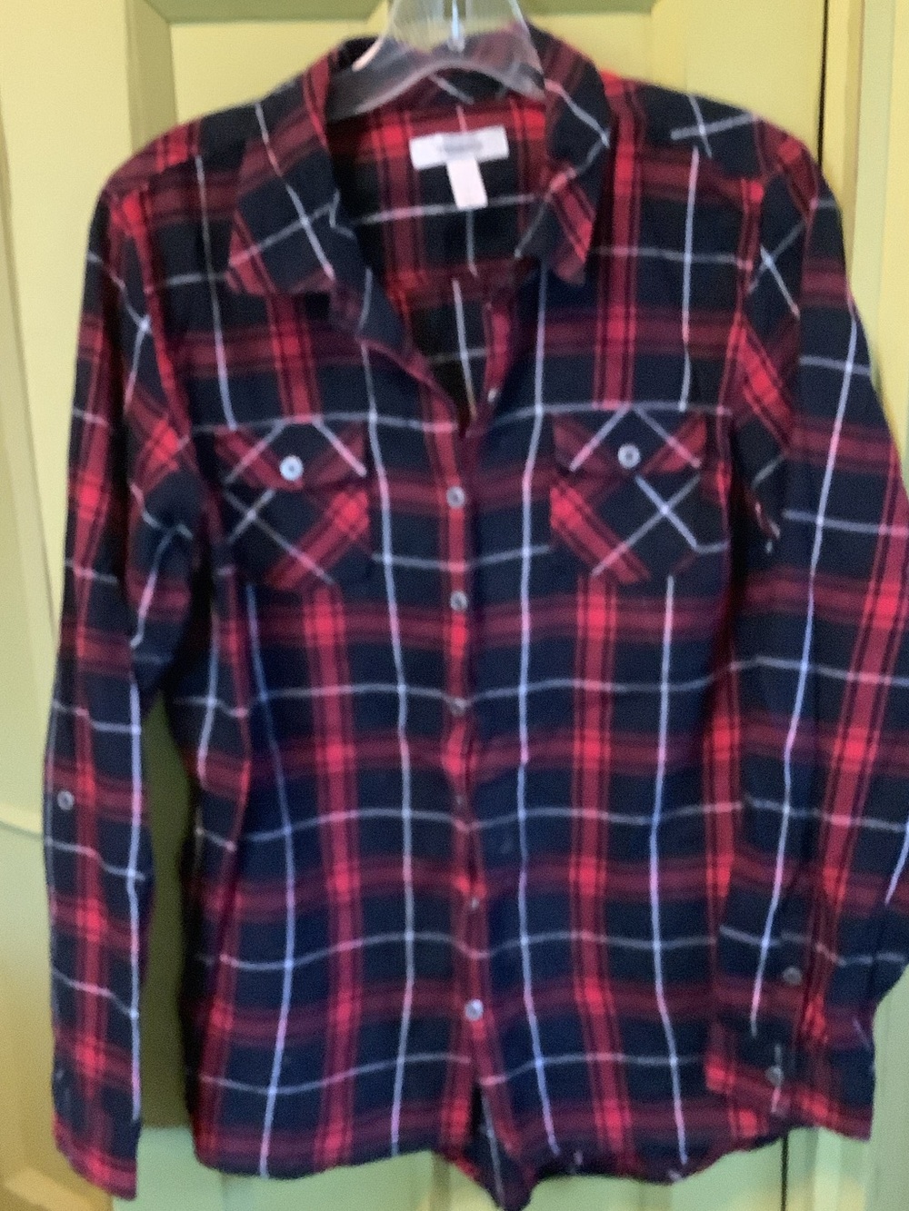 Dress Barn Red and Black Plaid Button-Down Shirt with White Accents